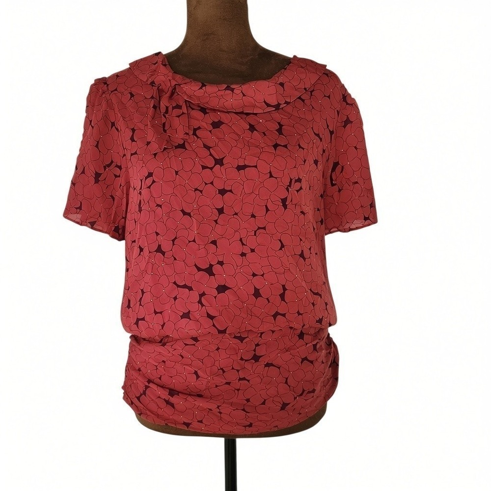 VTG Y2K Lux Urban Outfitters Silk Blouse Floral Ruched Open Back Red Size L Top